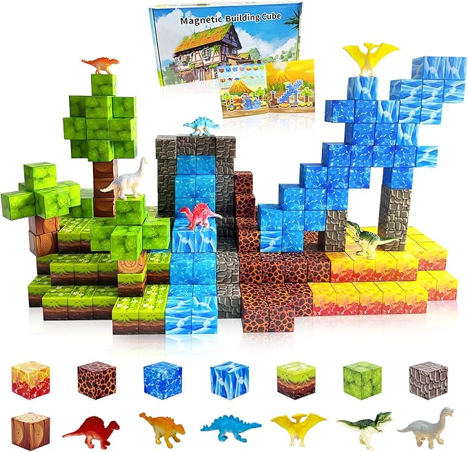 100PCS Dinosaur Magnetic Blocks for Kids: 1" Magnetic Building Blocks for Kids Ages 4-8 8-12, Magnet Cubes Sensory STEM Stacking Toys for Boys & Girls,Christmas Birthday Gifts for Toddler Ages 3+