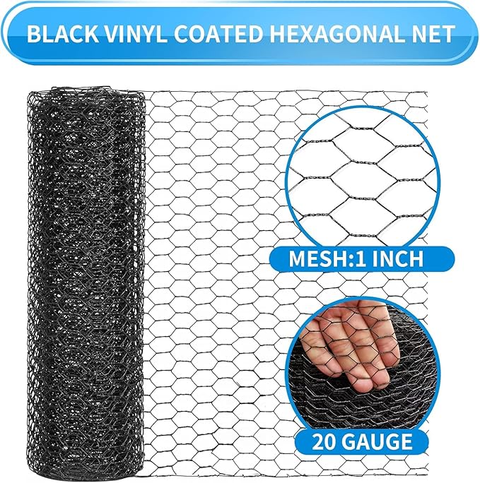 48'' x 50' Black Chicken Wire Fencing, 1 inch Chicken Wire and 20 Gauge Poultry Netting, Garden Mesh Fence Roll for Floral Arrangements/Crafts/Farm/Livestock/Pet Protection