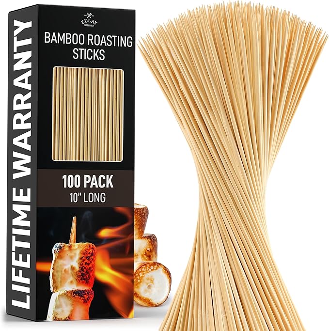 Zulay Kitchen Authentic Bamboo Skewers - 100, 10" Roasting Sticks - 5mm Heavy-Duty Bamboo Skewers - Thick Bbq Sticks - Ideal for Grilling & Camping