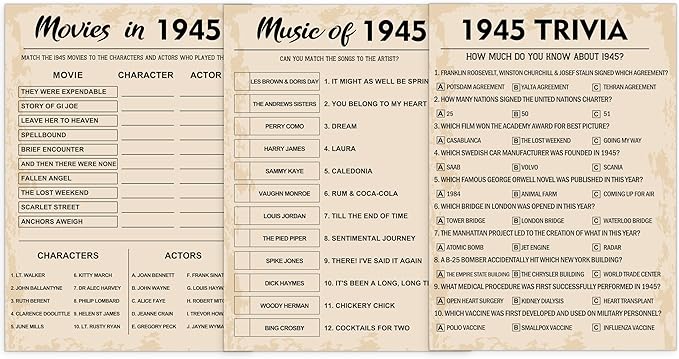80th Birthday Party Games, Set of 3 Activities for 10 Guests, Born in 1945 Games Bundle, Birthday Party Supplies for Adults, Pack of 30 Cards