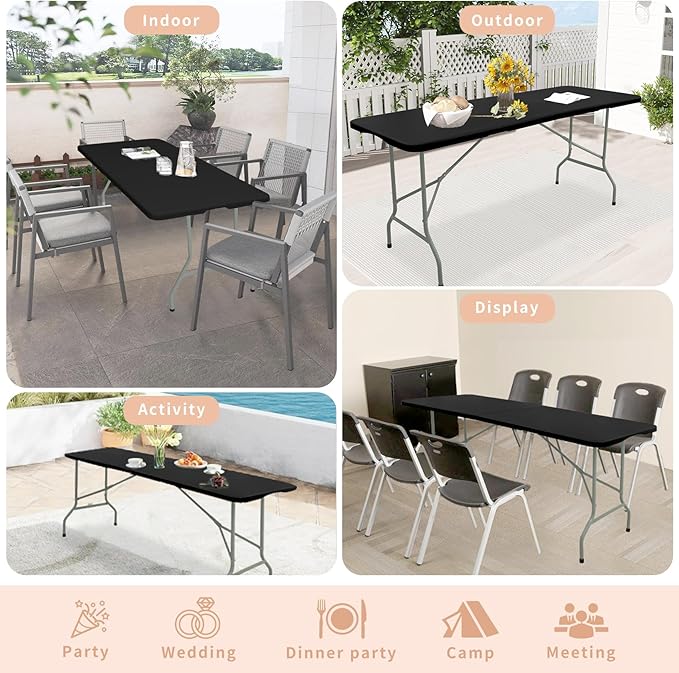 Set of 2 Folding Table 5 FT Camping Table Portable Heavy Duty Plastic Rectangular Outdoor Dining Table Steel Legs Fold-in-Half with Carrying Handle for Indoor,Picnic,Party,Wedding,Events(Black)