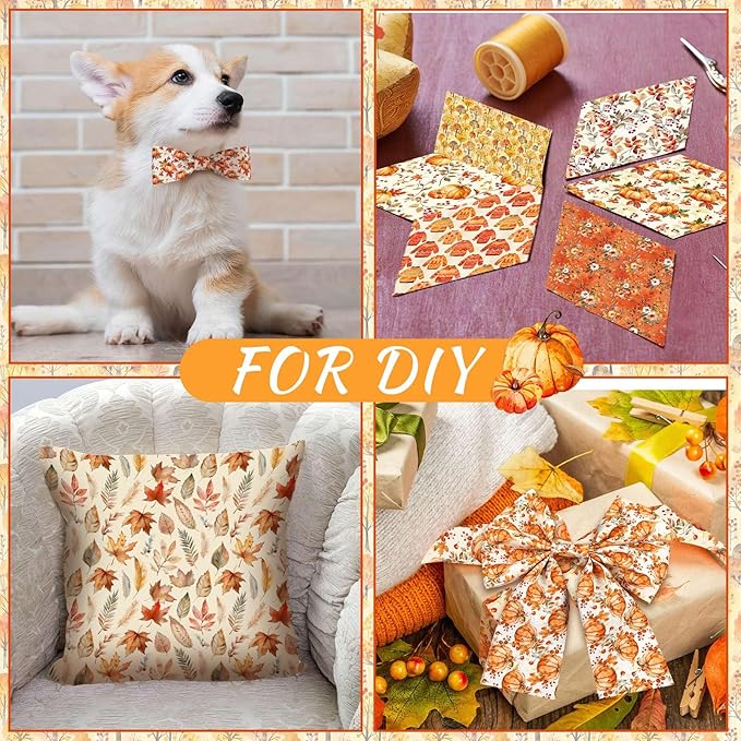 Ganeen 60 Pcs 10 x 10 Inch Fall Quilting Fabric Squares Thanksgiving Fat Patchwork Precut Strips Retro Pumpkin Maple Leaf Bundles for Harvest Autumn Holiday DIY Craft Sewing Quilt Material Handmade