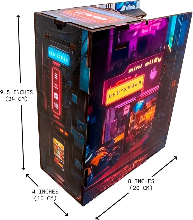 Neo Ramen MiniAlley DIY Cyberpunk Book Nook Kit – Wooden Diorama with Neon Lights, Futuristic Ramen Shop & Endless Alley Illusion – Unique Collectible Display for Bookshelf or Desk