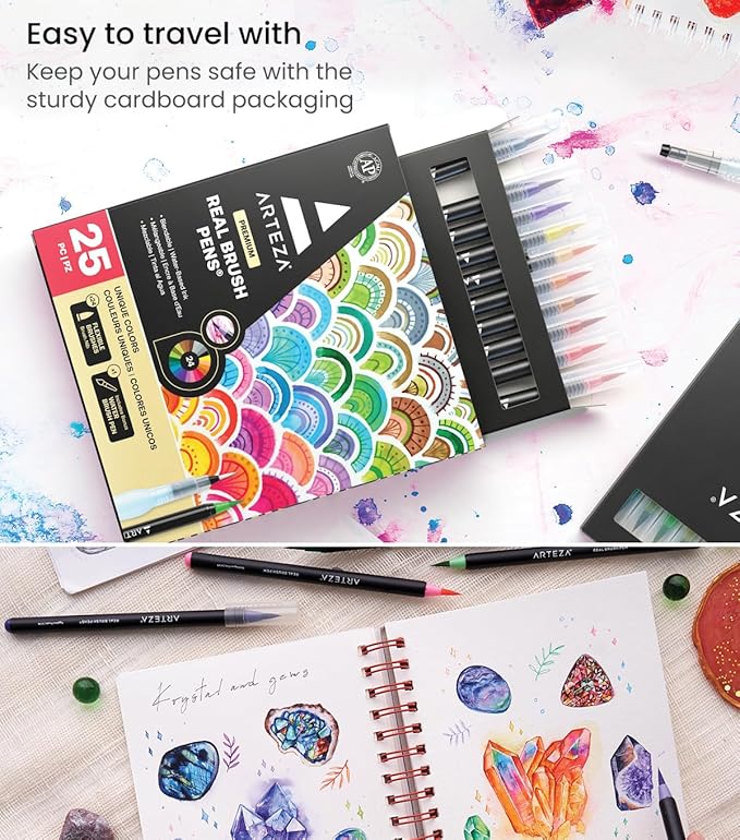 ARTEZA Watercolor Paint Pens, 24 Watercolor Brush Pens with Flexible Nylon Brush Tips, Paint Markers for Artists, and Beginners