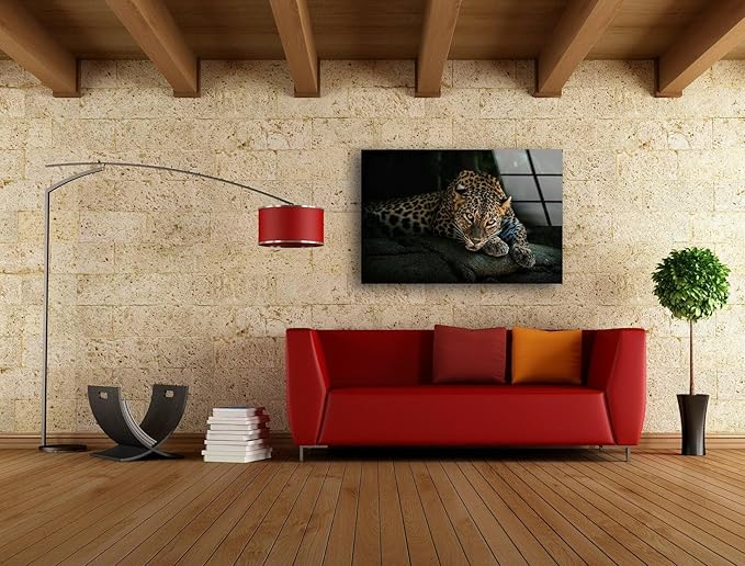 My Photostation.com 43Wx27H'' Fierce Leopard Glass Wall ArtTempered Glass Printing Wall Decor Large Wall Art Wall Hangings