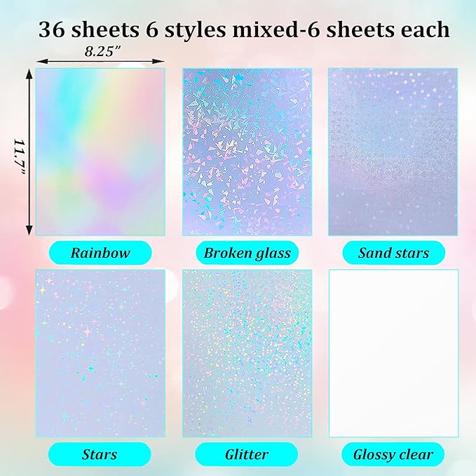 36 Sheets Holographic Sticker Paper Waterproof 8.5" x11'' Clear Vinyl Sticker Sheets Self-Adhesive Rainbow Overlay Sheets with 6 Styles Mixed