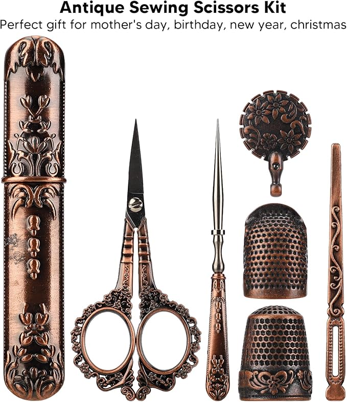 Pssopp Vintage Embroidery Scissors Set, Sewing Tool Kit with Sewing Needle Case Thimble Threader Complete Set for Embroidery and Needlework(Bronze)