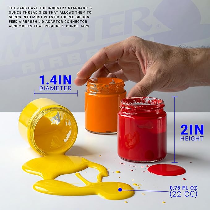 Master Airbrush (Pack of 10) TB-003 Empty 3/4 Ounce (22cc) Glass Jar Bottles with 60° Down Angle Adaptor Lid Assembly - Fits Single-Action Siphon Feed Airbrushes, Use with Master Badger Paasche, Iwata