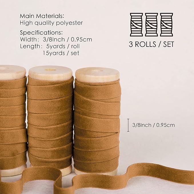 Vitalizart Khaki Velvet Ribbon Set 3/8" x 15 Yd Fall Ribbon Fabric Trim 3 Rolls * 5 Yd for Christmas Wreath Decoration Handmade Craft Ornaments Gift Wrapping & Bow Making (Brown)
