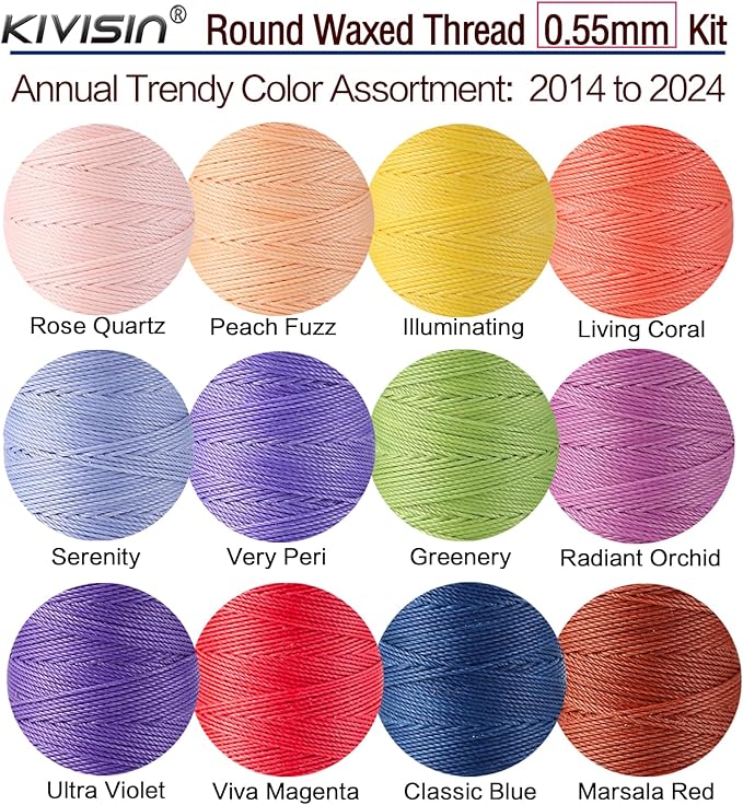 10-Year Popular Assorted Colors Round Waxed Thread -0.55mm 70 Yards 12 Spools Stiff Polyester Wax Cord for Beading, Leather Sewing, Bookbinding, Bracelets Braiding, Micro Macrame Craft Making