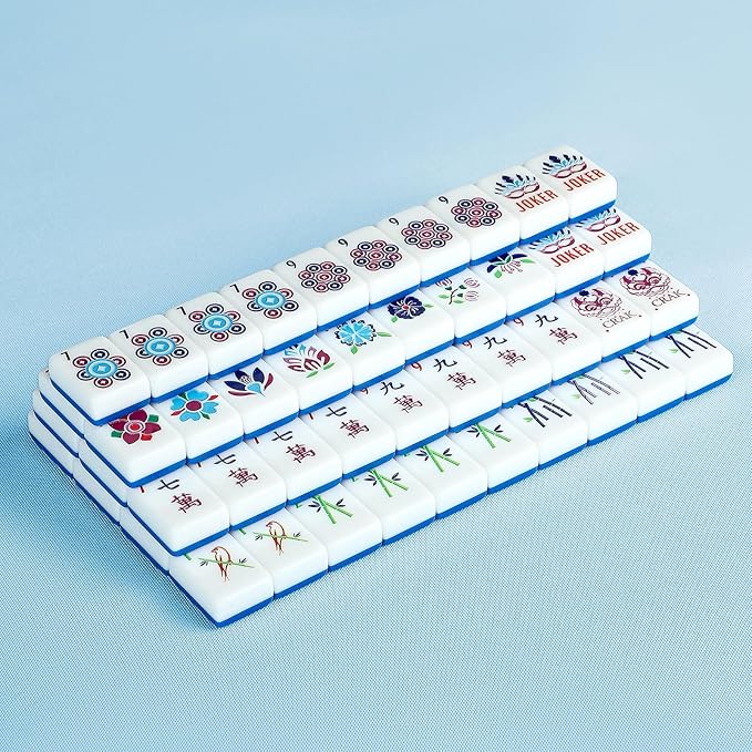 American Mahjong Tile Set,166 Tiles White Blue Acrylic Carving Tiles,Mahjong Game Set with Portable Travel case(Racks Not Included)