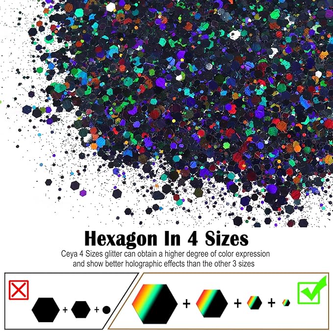 Ceya Holographic Chunky Glitter, 4.9oz/ 140g Black Craft Glitter Powder Mixed Chunky Fine Flakes Iridescent Nail Sequins for Nail Art, Hair, Epoxy Resin, Tumblers, Slime, Painting, Festival Decor