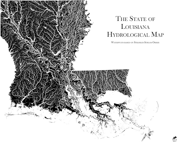 Muir Way Hydrological River Map of Louisiana - Watershed Topographic Wall Art for Home, Office, or Travel Decor - Unframed Flat Paper Print, 24x30