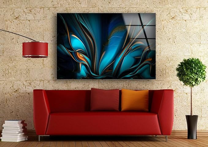 My Photostation.com 48Wx32H'' Orange & Blue Abstract Glass Wall ArtTempered Glass Printing Wall Decor Large Wall Art Wall Hangings