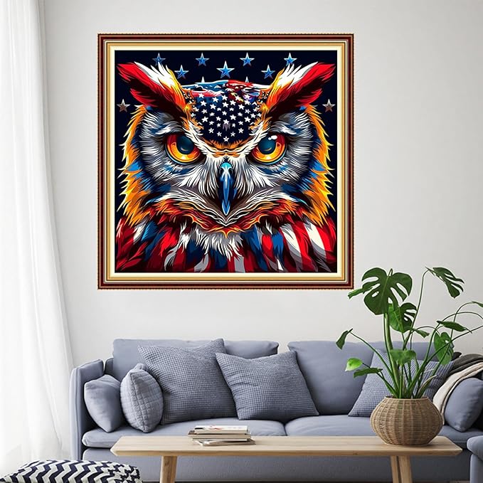 Funchey Stamped Cross Stitch Kits, DIY Cross Stitch Pattern for Adults Beginners Needlepoint Kits Embroidery Kit Arts and Crafts 11CT-National Flag Owl 18x18 inchs