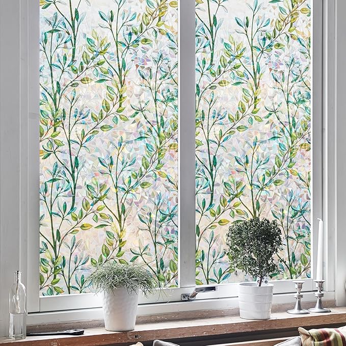 NINETREX Stained Glass Window Film 3D Decorative Cling, Sun Blocking Static Cling Removable Film for Glass Door, Home Decor Window Cover Non-Adhesive 35.4 x 157.4 inches, Leaf