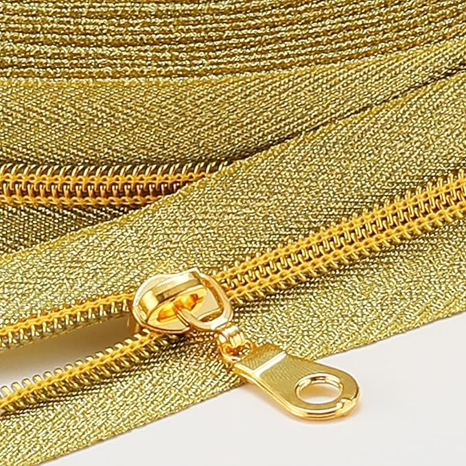 Sawoake 10 Yards Bulk Zipper(#5), Gold Nylon Coil Zipper with Gold Teeth by The Yards, Replacement Sewing Zipper with 10PCS Zipper Sliders for DIY Sewing Craft Bags(#5 Gold Gold)