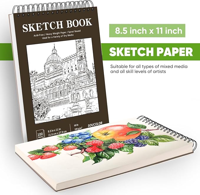 Soucolor Sketchbook 8.5x11 Hard Cover - 100 Sheets Spiral Bound Sketch Pad 8.5" x 11", 68lb/100gsm Thick Drawing Paper 8.5" x 11", Acid-Free Art Notebook for Kids Adults Classroom Teacher Must Have