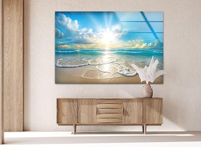 My Photostation.com 35.5Wx30H'' Beautiful Sunset & Ocean Glass Wall ArtTempered Glass Printing Wall Decor Large Wall Art Wall Hangings