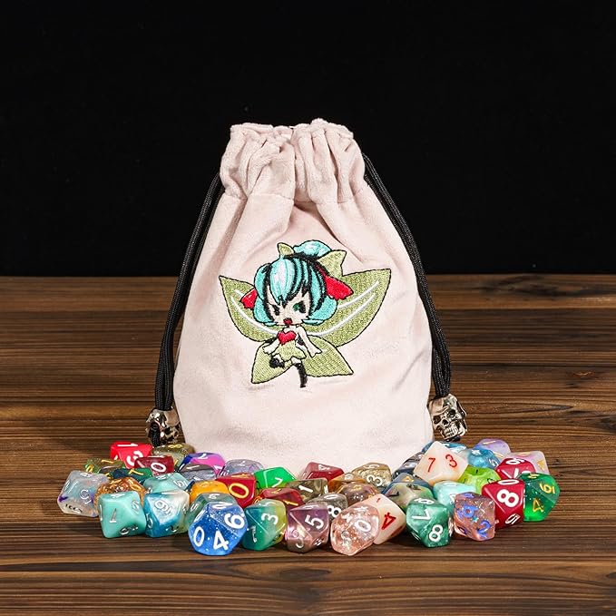 Large DND Dice Bag, Pink Storage Bag with Elf Pattern for D&D Role Playing Games Tabletop Games - Capacity 100+ Polyhedral Dice