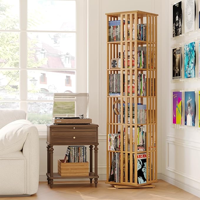 XIMN 360° Rotating Bamboo CD/DVD Shelf - 6-Tier Space-Saving Media Storage Cabinet for Movies, Organizer with Super Compact Design