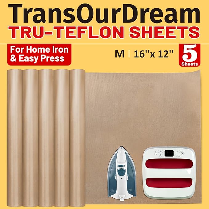 TransOurDream 5 Pack PTFE Teflon Sheets M Size 16 x 12" Ironing Protecter and Sublimation Paper Heat Transfer Paper Reusable Heat Resistant Craft Mat