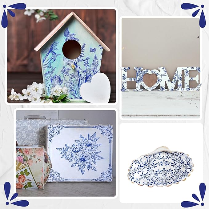 Crtiin 36 Pack 9 Styles Decoupage Napkins Assorted Floral Decorative Decoupage Napkins Chinoiserie Cocktail Paper for DIY Crafting Birthday Party, Each Unfolded 13 Inch(Blue Floral)
