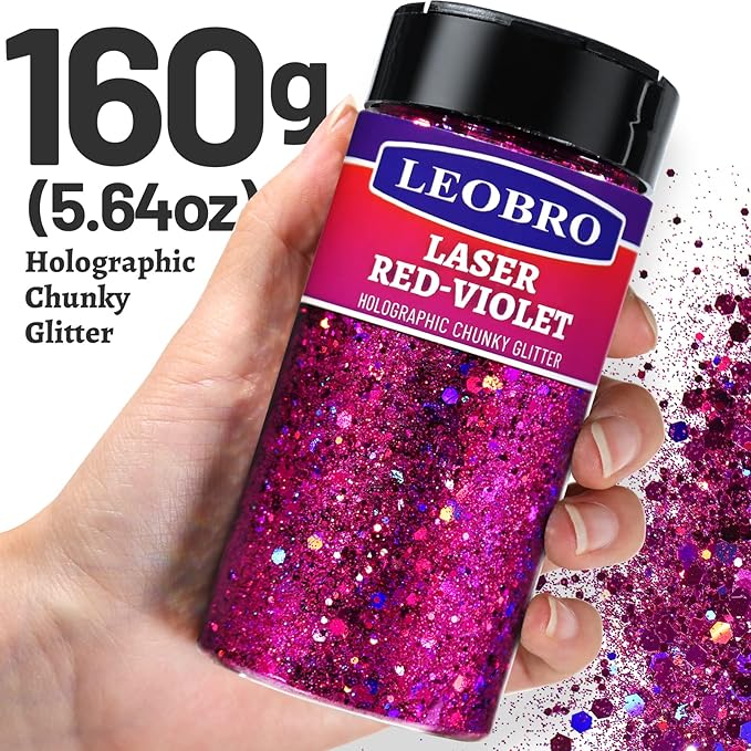 LEOBRO Red Glitter, 160G/5.64OZ Holographic Chunky Glitter for Crafts, Resin, Nail Body, DIY Decorations