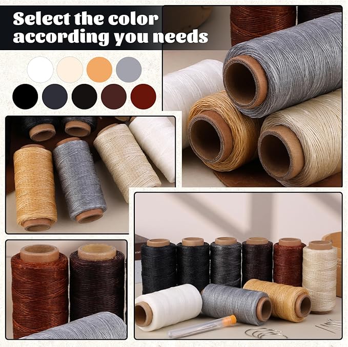 Tikjiua 492ft Upholstery Needle Threads, 164Yards Leather Waxed Thread with Curved Needles, Upholstery Repair Leather Thread and Needles for Canvas Carpet Sofa Furniture Repair