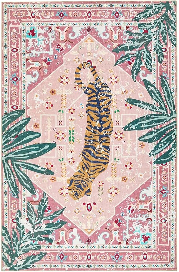 Washable Hippie Rugs Boho Vintage Tropical Jungle 4x6 Area Rugs Accent Oriental Carpet for Bedroom Kitchen Dining Living Room Modern Indoor Entry Entrance Tribal Floor Rug