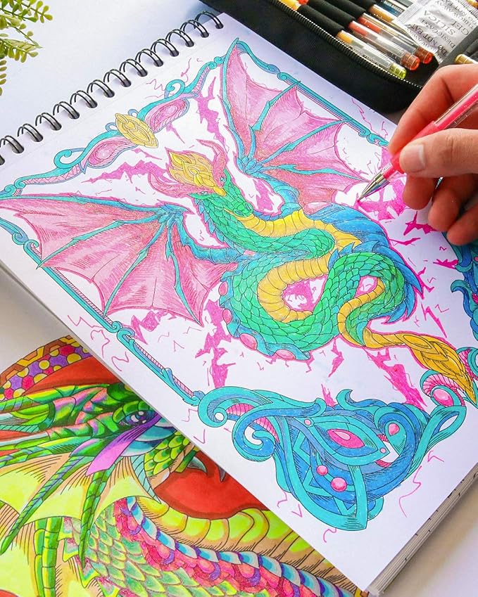 ColorIt Colorful Dragons Adult Coloring Book, Volume I - 50 Single-Sided Designs, Thick Smooth Paper, Lay Flat Hardback Covers, Spiral Bound, Dragon Coloring Pages