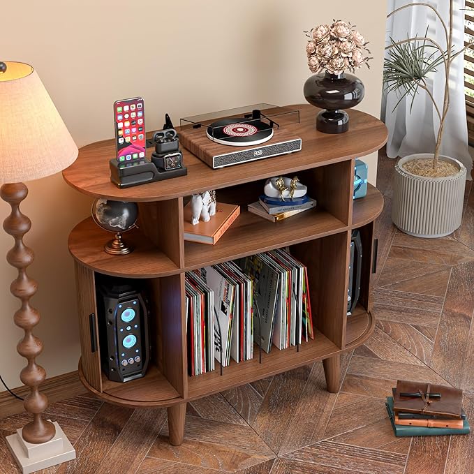 Large Round Record Player Stand with Charging Station & USB Ports，Record Storage Cabinet, Mid Century Modern Turntable Stand for Bedroom Living Room (Small Brown)
