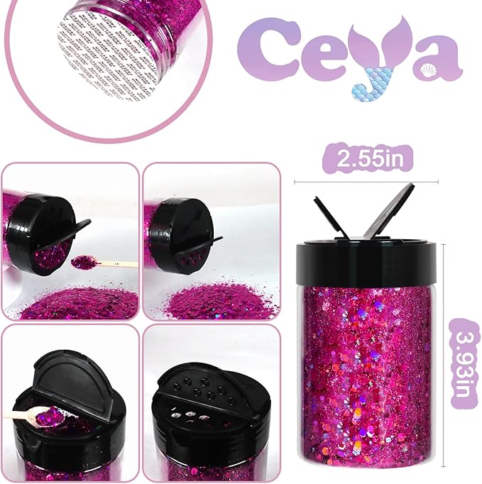 Ceya Holographic Chunky Glitter, 4.9oz/ 140g Fuchsia Craft Glitter Powder Mixed Chunky & Fine Flakes Iridescent Nail Sequins for Nail Art, Hair, Epoxy Resin, Tumblers, Slime, Painting, Festival Decor