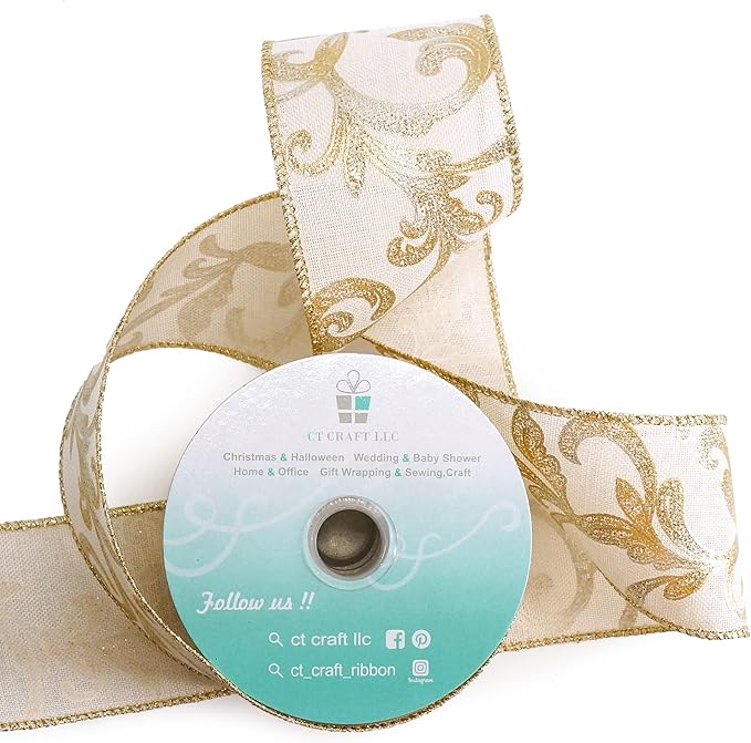 CT CRAFT LLC Tan Burlap Gold Swirl Wired Ribbon 2.5 Inch x 10 Yards for Christmas Home Decor Tree Topper Bow Gift Wrapping DIY Crafts Wreath Garland