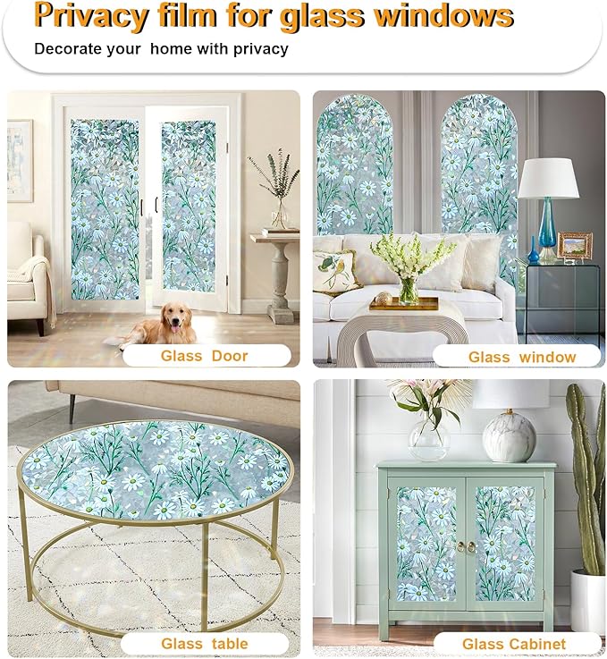 Window Privacy Film Stain Glass Window Film Rainbow Window Film Window clings Non-Adhesive Reusable Decorative for Room (Daisy Rainbow, 17.5 x 78.7 in)