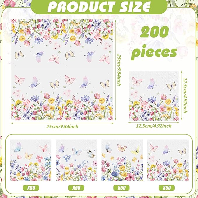 Fulmoon 200 Pieces Summer Floral Cocktail Napkins Disposable Wildflower Dessert Paper Napkins Bulk Flower Decoupage Beverage Towel for Summer Tea Party Dinner Decorative