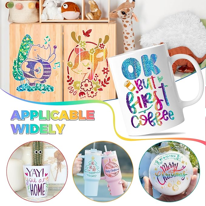 GIRAFVINYL Glitter Holographic Vinyl Bundle, Rainbow Holographic Permanent Vinyl 12" x 12" 17 Sheets Rainbow Glitter Vinyl Permanent for DIY Stickers, Signs, Cup, Home and Car Decorations