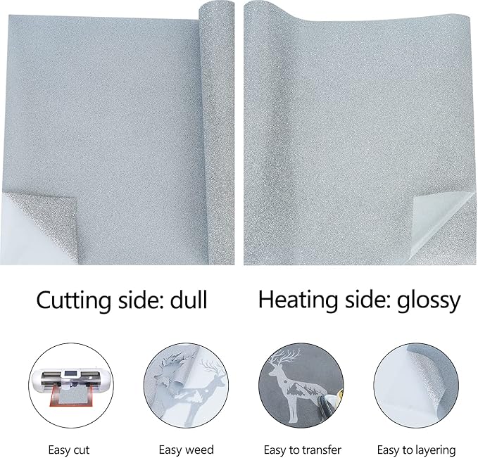guangyintong Glitter Silver Heat Transfer Vinyl HTV Rolls, 12" x 8ft Iron on Vinyl for T-Shirts Glitter Silver HTV Vinyl for All Cutter Machines Easy to Cut & Weed for Heat Vinyl Design