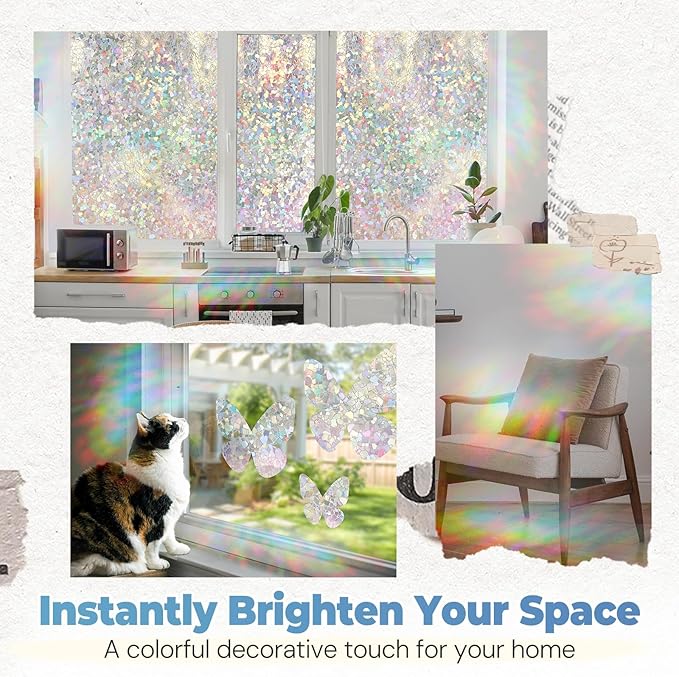 DOWELL Window Privacy Film Rainbow Film, Stained Glass Decorative Sticker, Static Cling Non-Adhesive Glass Clings, Sun Blocking Heat Control Window Coverings for Home Door, 17.5" x 118.1"