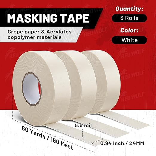 RED WOLF 0.94" x 60 Yards Masking Tape 3 Pack, General Purpose for Painting Arts Crafts Label Car Painting, Sharp Paint Line No Residue Painters Tape White Beige Crepe Paper Tape Heat Resistance