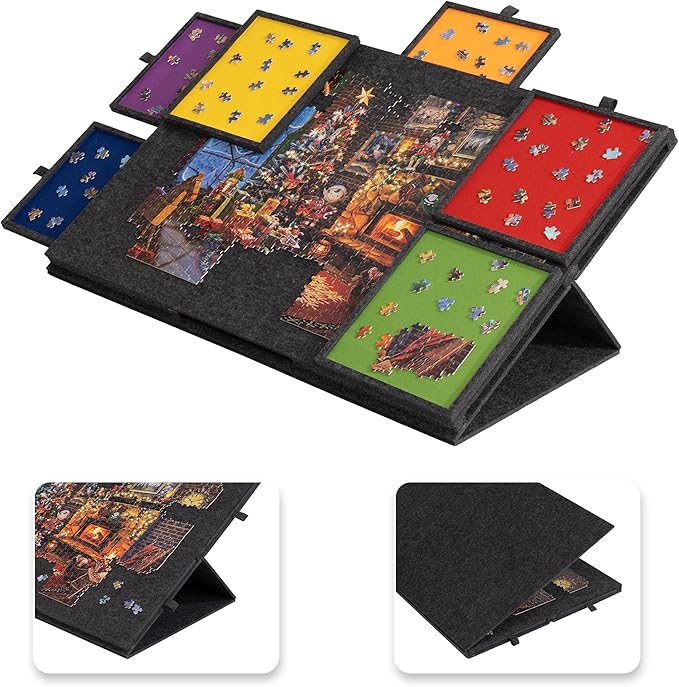 Lavievert 1500 Piece Tilting Puzzle Board with 2-in-1 Designed Stand & Cover, Lightweight Felt Mat Plateau with 6 Colored Drawers, Portable Jigsaw Puzzle Table with Storage for Adults (Dark Gray)