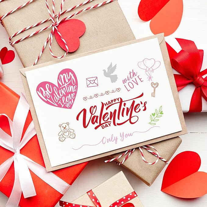 Whaline 4 Sheet Valentine's Day Words Clear Stamps Love Heart Silicone Transparent Stamps Border Stamp Cards for DIY Craft Card Making Scrapbooking Embossing Album Decor