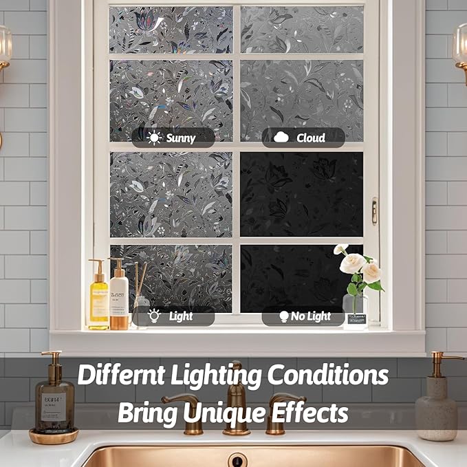 NINETREX Window Privacy Film,Decorative Window Film Frosted,Stained Glass Window Cling,Heat Blocker Non-Adhesive for Home,Grayish Black 23.6 x 78.7inch