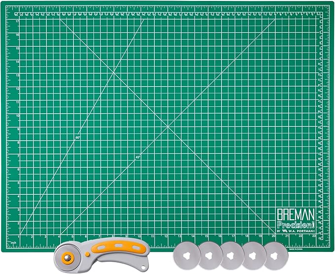 WA Portman Self Healing Cutting Mat & Rotary Cutter for Fabric Set – 18x24 Sewing Cutting Mats for Crafts with 45mm Fabric Cutter Wheel & 5 Rotary Blades – Quilting & Sewing Supplies Kit