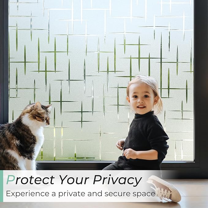 DOWELL Window Privacy Film Frosted Glass Window Film, Sun Blocking Non-Adhesive Glass Cling, Decorative Door Sticker, Self Static-Cling Tint Covering for Home Office, Cross Pattern 35.4" x 157.5"