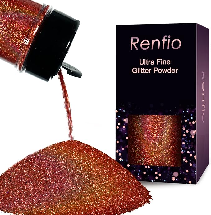 Renfio Holographic Ultra Fine Glitter Powder Metallic Resin Glitter 2.11 Oz (60g) PET Flakes Crafts Sequins 1/128" 0.008" 0.2mm Epoxy Chips Flakes for Tumblers Slime - Laser Orange
