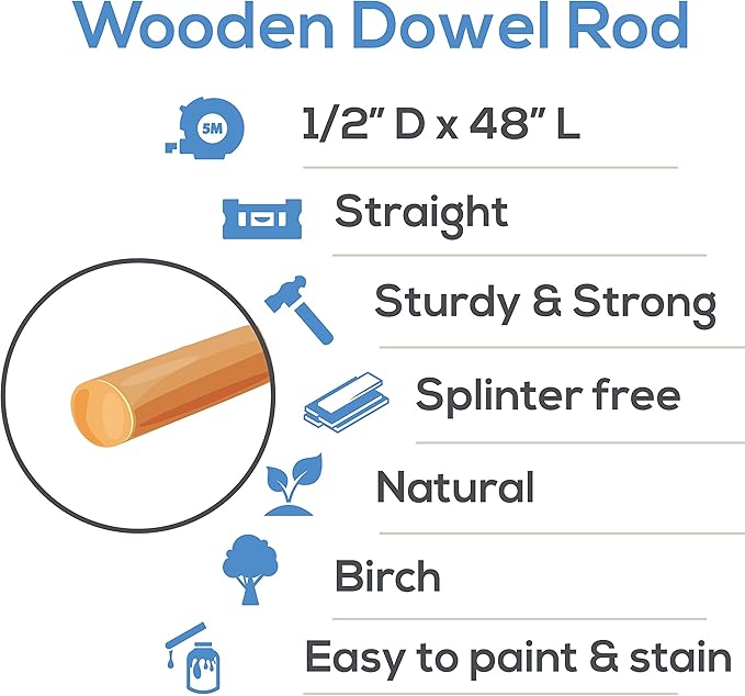 Dowel Rods Wood Sticks Wooden Dowel Rods - 1/2 x 48 Inch Unfinished Hardwood Sticks - for Crafts and DIYers - 10 Pieces by Woodpeckers