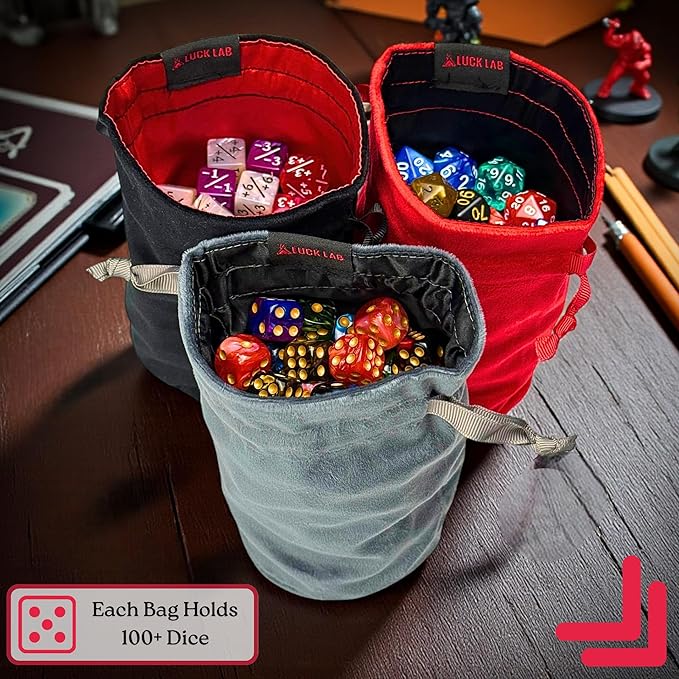 Luck Lab Velvet Drawstring Dice Bag - Set of Three Colors - Dungeons and Dragons Fabric/Standing Cotton Fabric Dice Bags/D&D Dice Pouch/Small Pouch/Velvet Jewelry Bag (Red, Black, Grey)