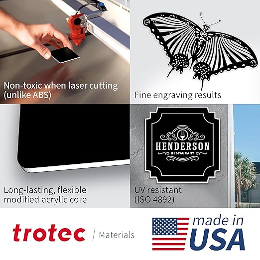 Trotec TroLase | 12"x20"x1/8", 4 Pcs | Black/White/Black | 3 Ply | Modified Acrylic | Laser Engraving Double Color Plastic Sheet | Engraving Blanks for Laser, Saw, Guillotine | Made in USA