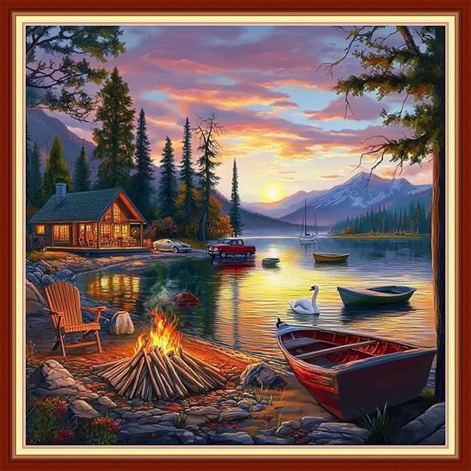 Joyhoor Cross Stitch Kits for Beginners Stamped Cross-Stitch Supplies Needlework preprint Embroidery Kits for Adults DIY Needlepoint Kits Embroidery Patterns 11CT-Sunset by The Lake 18x18 inchs